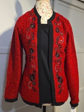 Cathy Daniels Red Embroidered Bouclé Jacket with Black Trim